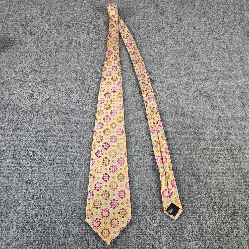 Fabio Fazio Silk Tie Gold Pink Blue Medallion Geometric Handmade Designer Neckti